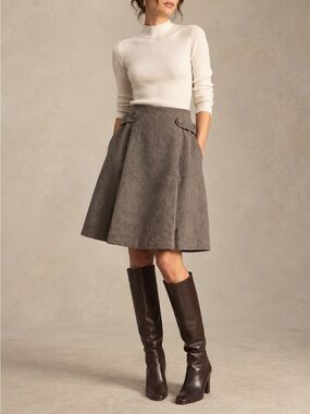 Kisua By Lola Buttons Brown A-Line Knee Length Skirt Button Tabs US 10 NWT